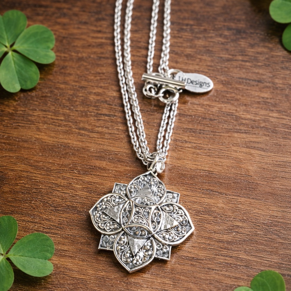 LH Designs Celtic Filigree Flower Pendant Necklace Silver Double Chain